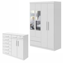 Conjunto de Guarda-roupa Solteiro com Espelho 4 Portas 2 Gavetas Zeuse Cômoda Toronto Conjunto de Guarda-roupa Solteiro com Espelho 4 Portas 2 Gavetas Zeuse Cômoda Toronto