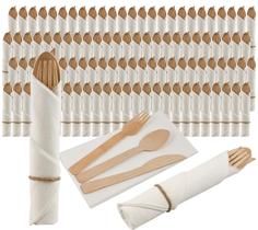 Conjunto de guardanapos e talheres de bambu pré-enrolados - pacote com 100