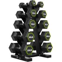 Conjunto de Halteres HANDBODE 68 kg com Cabeças Hexagonais de Borracha e Suporte