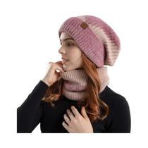 Conjunto De Inverno Com Gorro De Lã Quente E Cachecol De Veludo, Dois Peças, Gorro De Acrílico