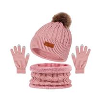 Conjunto de Inverno Feminino: Chapéu, Cachecol e Luvas com Bola de Pele Sintética Conjunto de Inverno Feminino: Chapéu, Cachecol e Luvas com Bola de Pele Sintética