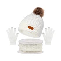 Conjunto de Inverno Feminino: Chapéu, Cachecol e Luvas com Bola de Pele Sintética
