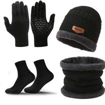 Conjunto De Inverno Masculino De Quatro Peças: Gorro, Luvas, Meias E Cachecol Quente De Tricô