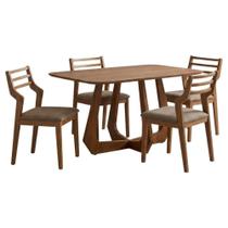 Conjunto de Jantar Bromelia e Damasco 4 Lugares Tampo MDF 25mm Linho Bege 130cm Milani Movelaria