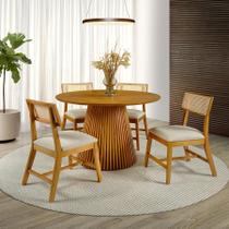 Conjunto de Jantar Harmony com Mesa Redonda e 4 Cadeiras de Madeira Maciça Estofadas com Encosto Tela Rattan