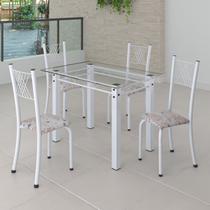 Conjunto de Jantar Mesa 100x60cm Tampo de Vidro Incolor com 4 Cadeiras Sara Yescasa Branco/Botanic Bege Conjunto de Jantar Mesa 100x60cm Tampo de Vidro Incolor com 4 Cadeiras Sara Yescasa Branco/Botanic Bege