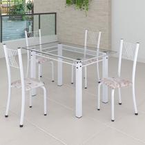 Conjunto de Jantar Mesa 120x75cm Tampo de Vidro Incolor com 4 Cadeiras Sara Yescasa Branco/Botanic Bege