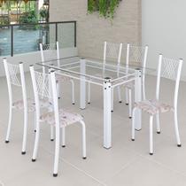 Conjunto de Jantar Mesa 140x75cm Tampo de Vidro Incolor com 6 Cadeiras Sara Yescasa Branco/Botanic Bege Conjunto de Jantar Mesa 140x75cm Tampo de Vidro Incolor com 6 Cadeiras Sara Yescasa Branco/Botanic Bege