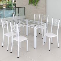 Conjunto de Jantar Mesa 140x75cm Tampo de Vidro Incolor com 6 Cadeiras Sara Yescasa Branco/Liso Conjunto de Jantar Mesa 140x75cm Tampo de Vidro Incolor com 6 Cadeiras Sara Yescasa Branco/Liso