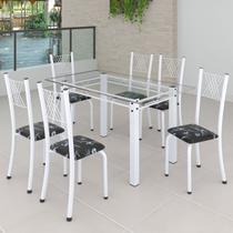 Conjunto de Jantar Mesa 140x75cm Tampo de Vidro Incolor com 6 Cadeiras Sara Yescasa Branco/Preto Floral Conjunto de Jantar Mesa 140x75cm Tampo de Vidro Incolor com 6 Cadeiras Sara Yescasa Branco/Preto Floral
