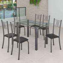Conjunto de Jantar Mesa 140x75cm Tampo de Vidro Incolor com 6 Cadeiras Sara Yescasa Prata/Preto Liso/Mart