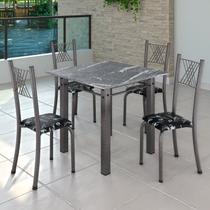 Conjunto de Jantar Mesa 70x70cm Tampo de Granito Topázio com 4 Cadeiras Sara Yescasa Prata/Preto Floral/Mart