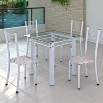 Conjunto de Jantar Mesa 75x75cm Tampo de Vidro Incolor com 4 Cadeiras Sara Yescasa Branco/Botanic Bege Conjunto de Jantar Mesa 75x75cm Tampo de Vidro Incolor com 4 Cadeiras Sara Yescasa Branco/Botanic Bege