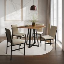 Conjunto de Jantar Mesa Mônaco 90cm Tampo Imbuia com 4 Cadeiras Estofadas Bege