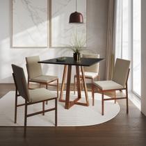 Conjunto de Jantar Mesa Mônaco 90cm Tampo Preto com 4 Cadeiras Bege Base Cobre