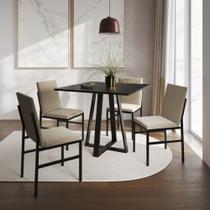 Conjunto de Jantar Mesa Mônaco 90cm Tampo Preto com 4 Cadeiras Estofadas Bege