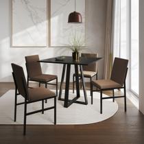 Conjunto de Jantar Mesa Mônaco 90cm Tampo Preto com 4 Cadeiras Estofadas Marrom