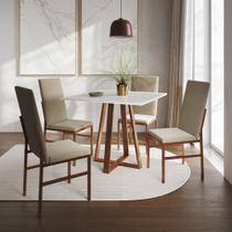 Conjunto de Jantar Mesa Mônaco Premium 90cm Branca com 4 Cadeiras Estofadas Bege Base Cobre