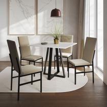 Conjunto de Jantar Mesa Mônaco Premium 90cm Branca com 4 Cadeiras Estofadas Bege