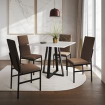 Conjunto de Jantar Mesa Mônaco Premium 90cm Branca com 4 Cadeiras Estofadas Marrom - ASTURIAS