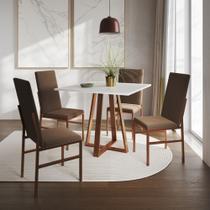 Conjunto de Jantar Mesa Mônaco Premium 90cm Branca com 4 Cadeiras Estofadas Marrom Base Cobre