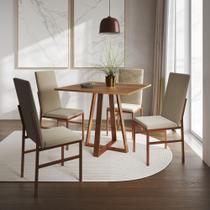 Conjunto de Jantar Mesa Mônaco Premium 90cm Imbuia com 4 Cadeiras Estofadas Bege Base Cobre