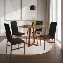 Conjunto De Jantar Mesa Mônaco Premium 90cm Imbuia Com 4 Cadeiras Estofadas Pretas Base Cobre Preto
