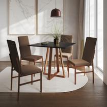 Conjunto de Jantar Mesa Mônaco Premium 90cm Preta com 4 Cadeiras Estofadas Marrom Base Cobre