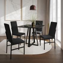 Conjunto de Jantar Mesa Mônaco Premium 90cm Preta com 4 Cadeiras Estofadas Pretas