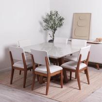 Conjunto de Jantar Mesa Quadrada com Vidro Bennett 6 Cadeiras Ella - Natural c/ Off White