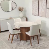 Conjunto de Jantar Mesa Redonda com Vidro 4 Cadeiras Kalina - Canella c/ Off White Conjunto de Jantar Mesa Redonda com Vidro 4 Cadeiras Kalina - Canella c/ Off White