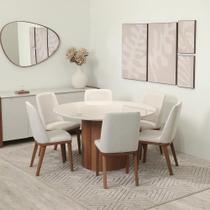 Conjunto de Jantar Mesa Redonda com Vidro 6 Cadeiras Kalina - Canella c/ Off White Conjunto de Jantar Mesa Redonda com Vidro 6 Cadeiras Kalina - Canella c/ Off White