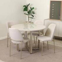 Conjunto de Jantar Mesa Redonda com Vidro Arcádia 4 Cadeiras Lucille - Champanhe c/ Off White - Palha