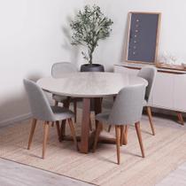 Conjunto de Jantar Mesa Redonda com Vidro Bennett 135 cm 4 Cadeiras New Drop - Natural c/ Cinza