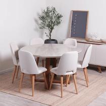 Conjunto de Jantar Mesa Redonda com Vidro Bennett 6 Cadeiras Drop - Natural c/ Off White