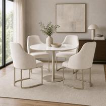 Conjunto de Jantar Mesa Redonda com Vidro Cloe 4 Cadeiras Abany - Off White Fosco c/ Linho Mescla Cru Conjunto de Jantar Mesa Redonda com Vidro Cloe 4 Cadeiras Abany - Off White Fosco c/ Linho Mescla Cru