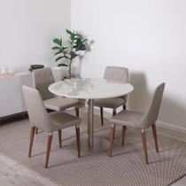 Conjunto de Jantar Mesa Redonda com Vidro Cloe 4 Cadeiras Lara - Champanhe c/ Off White - Fendi Conjunto de Jantar Mesa Redonda com Vidro Cloe 4 Cadeiras Lara - Champanhe c/ Off White - Fendi