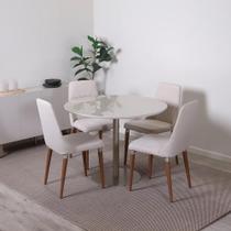 Conjunto de Jantar Mesa Redonda com Vidro Cloe 4 Cadeiras Lara - Champanhe c/ PU Off White