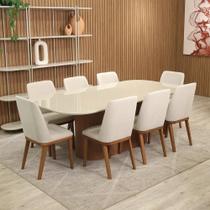 Conjunto de Jantar Mesa Retangular com Vidro 8 Cadeiras Kalina - Canella c/ Off White Conjunto de Jantar Mesa Retangular com Vidro 8 Cadeiras Kalina - Canella c/ Off White