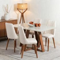 Conjunto de Jantar Mesa Retangular com Vidro Avena 4 Cadeiras Lara - Off White c/ Linho Off White