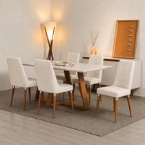 Conjunto de Jantar Mesa Retangular com Vidro Avena 6 Cadeiras Lara - Off White c/Linho Off White