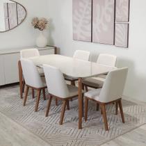 Conjunto de Jantar Mesa Retangular com Vidro Donatella 6 Cadeiras Kalina - Natural c/ Off White Conjunto de Jantar Mesa Retangular com Vidro Donatella 6 Cadeiras Kalina - Natural c/ Off White