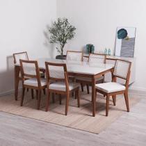 Conjunto de Jantar Mesa Retangular com Vidro New Lauren 6 Cadeiras com Palhinha Saga - Natural c/ Mescla Cru Conjunto de Jantar Mesa Retangular com Vidro New Lauren 6 Cadeiras com Palhinha Saga - Natural c/ Mescla Cru