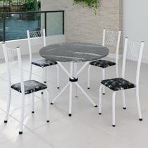 Conjunto de Jantar Mesa Tampo Redondo de Granito Topázio com 4 Cadeiras Sara Yescasa Branco/Preto Floral