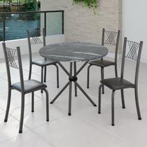 Conjunto de Jantar Mesa Tampo Redondo de Granito Topázio com 4 Cadeiras Sara Yescasa Prata/Preto Liso/Mart