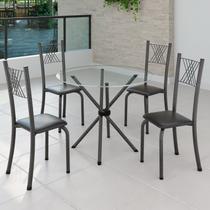 Conjunto de Jantar Mesa Tampo Redondo de Vidro Incolor com 4 Cadeiras Sara Yescasa Prata/Preto Liso/Mart