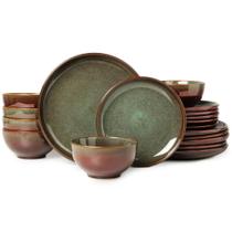 Conjunto de jantar Pokini em stoneware 18 peças marrom e verde