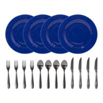 Conjunto de Jantar Prato 26cm mais talheres Azul 16 Peças - Oxford