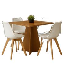 Conjunto De Jantar Sofisticado Mesa Quadrada Em Madeira + 4 Cadeiras Brancas Com Pés Em Madeira