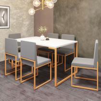 Conjunto de Jantar Stan Industrial Mesa Quadrada 150x90cm Com 6 Cadeiras Ferro Dourado Tampo Branco Sintético Cinza - Ahz Móveis